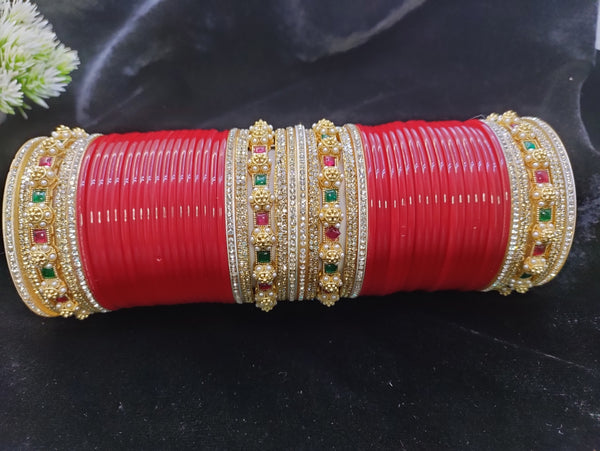 Red Bridal Chuda with Red & Green Kundan Kadas