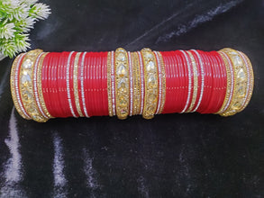 Red Bridal Chuda with Golden Studded Kada