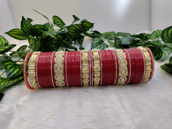 Red Bridal Chuda with Gemstone and Kundan Kadas
