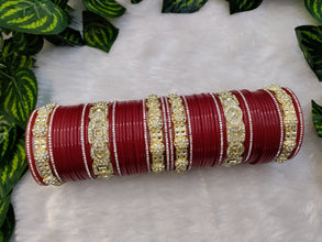 Red Bridal Chuda with Gemstone and Kundan Kadas