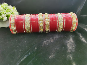Red Bridal Chuda with Gemstone and Kundan Kadas