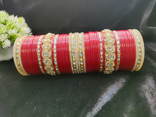 Red Bridal Chuda with Kundan and Diamond Kadas