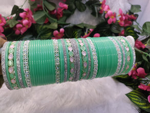 Pastel Green Chuda with Pink & Green Kundan Kadas