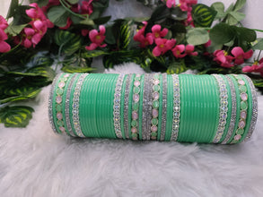 Pastel Green Chuda with Pink & Green Kundan Kadas