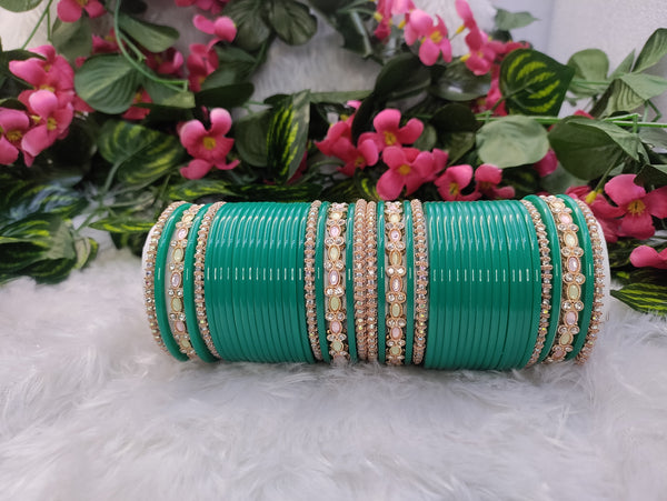 Teal Chuda with Pastel Kundan & Spring Kada