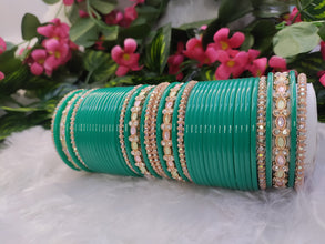 Teal Chuda with Pastel Kundan & Spring Kada