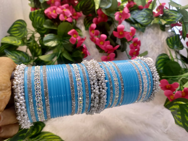 Sky Blue Chuda with Gucha & Silver Studded Kada