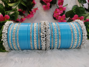 Sky Blue Chuda with Gucha & Silver Studded Kada