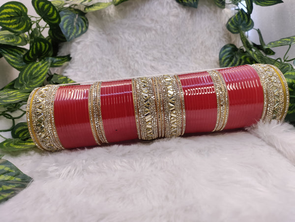Red Bridal Long Chuda with Golden Studded Kadas