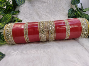 Red Bridal Long Chuda with Golden Studded Kadas